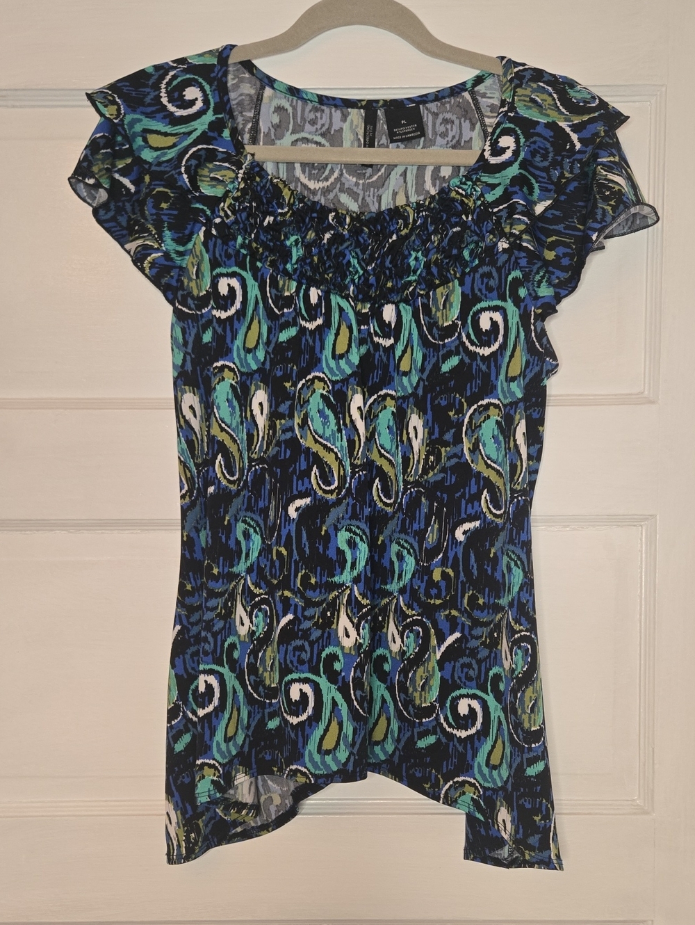 New Directions Petite Women's Paisley Short Sleeve Blouse Blue & Black_132